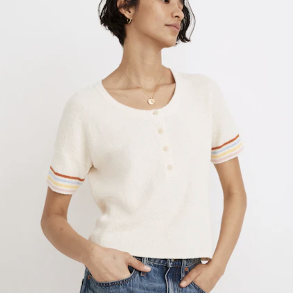 Madewell Henley Sweater Tee - Cream And Rainbow Stripe - Size XS